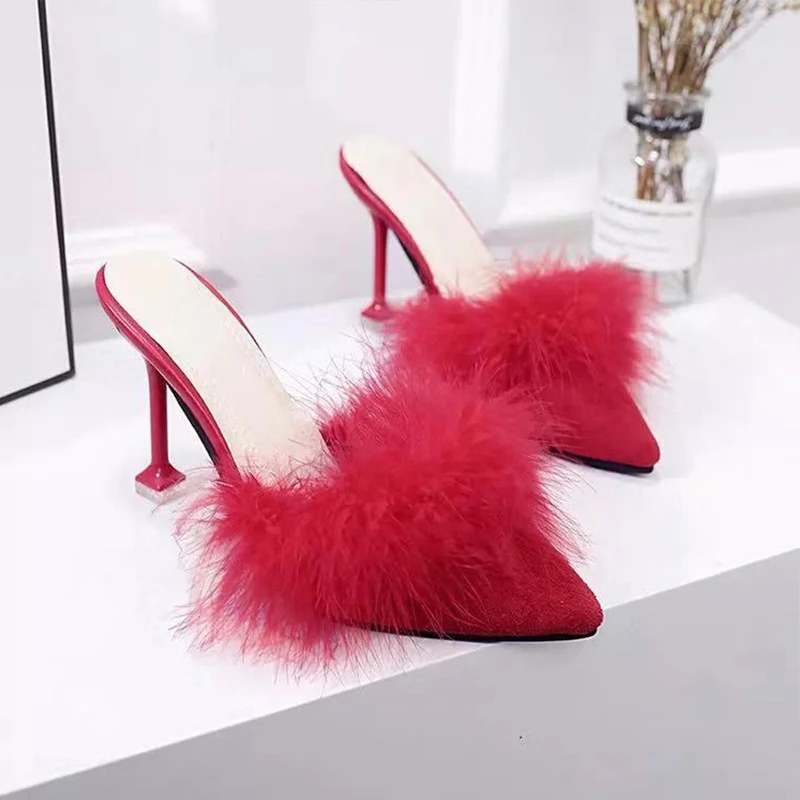 

Ladies Spring Summer Plush Heel Slippers Sweet Fashion High Heels Large Size Toe-covered Slides Women Party Shoes Outdoor Slides