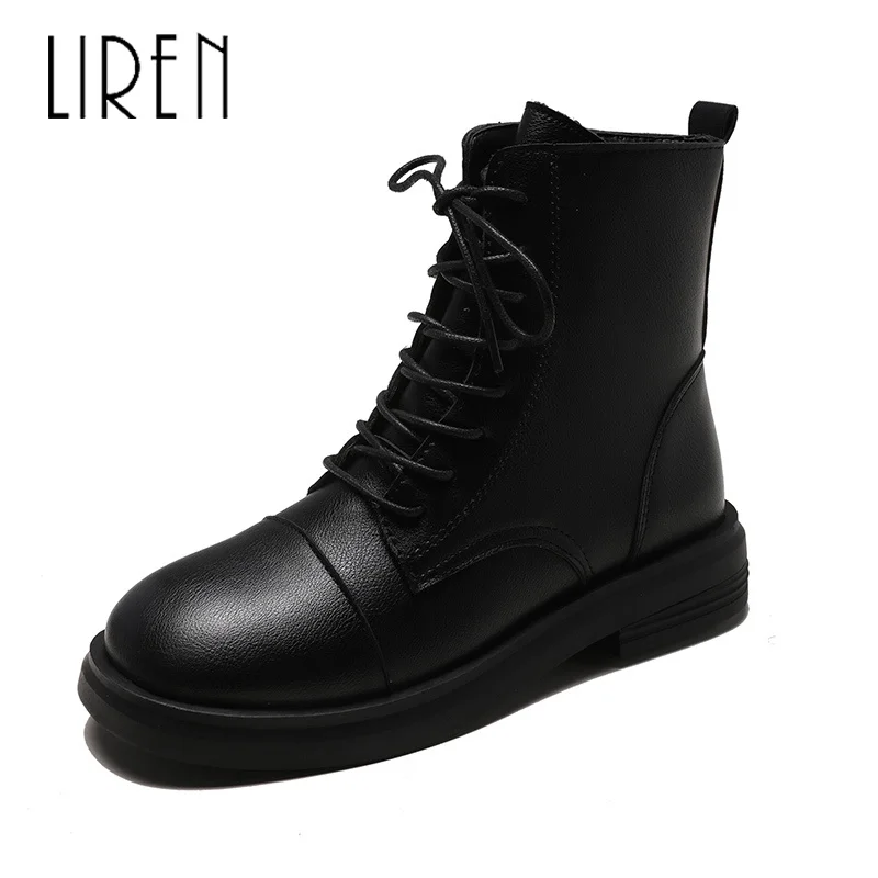 

Liren 2019 Spring/Autumn PU Women Fashion Sexy Ankle Lace-up Boots Square Wrapped Toe Low Square Heels Women Sexy Boots