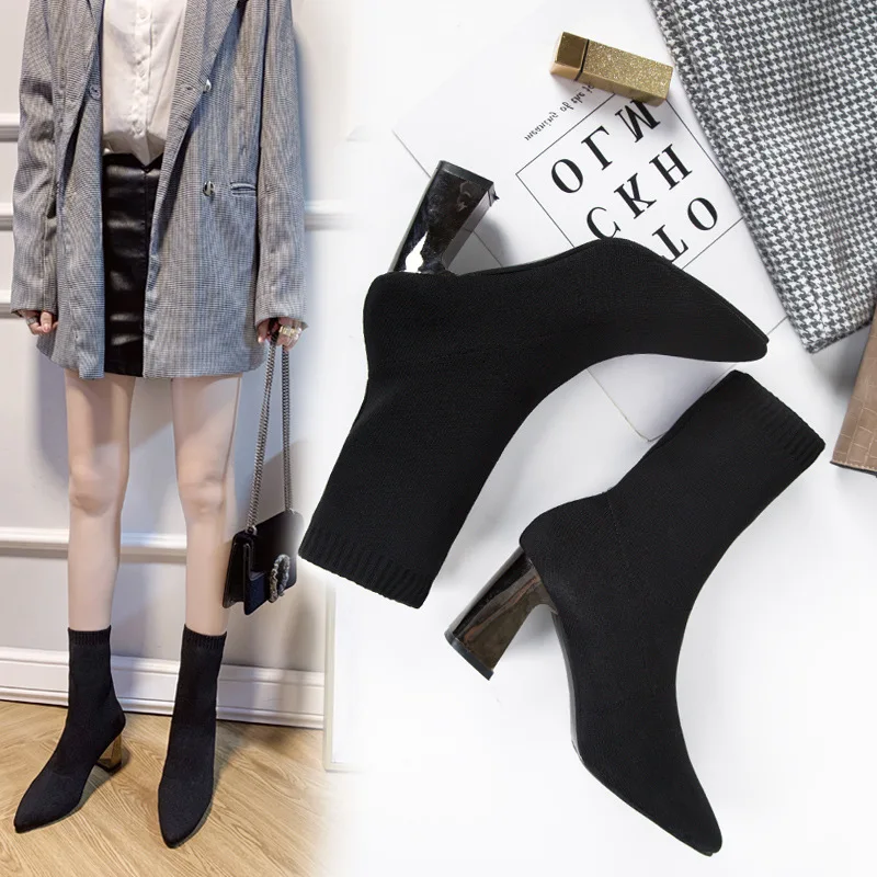 

Socks Boots Women's Europe And America 2019 New Style Slimming Knitted Elasticity Chunky-Heel Semi-high Heeled Pointed Short Boo