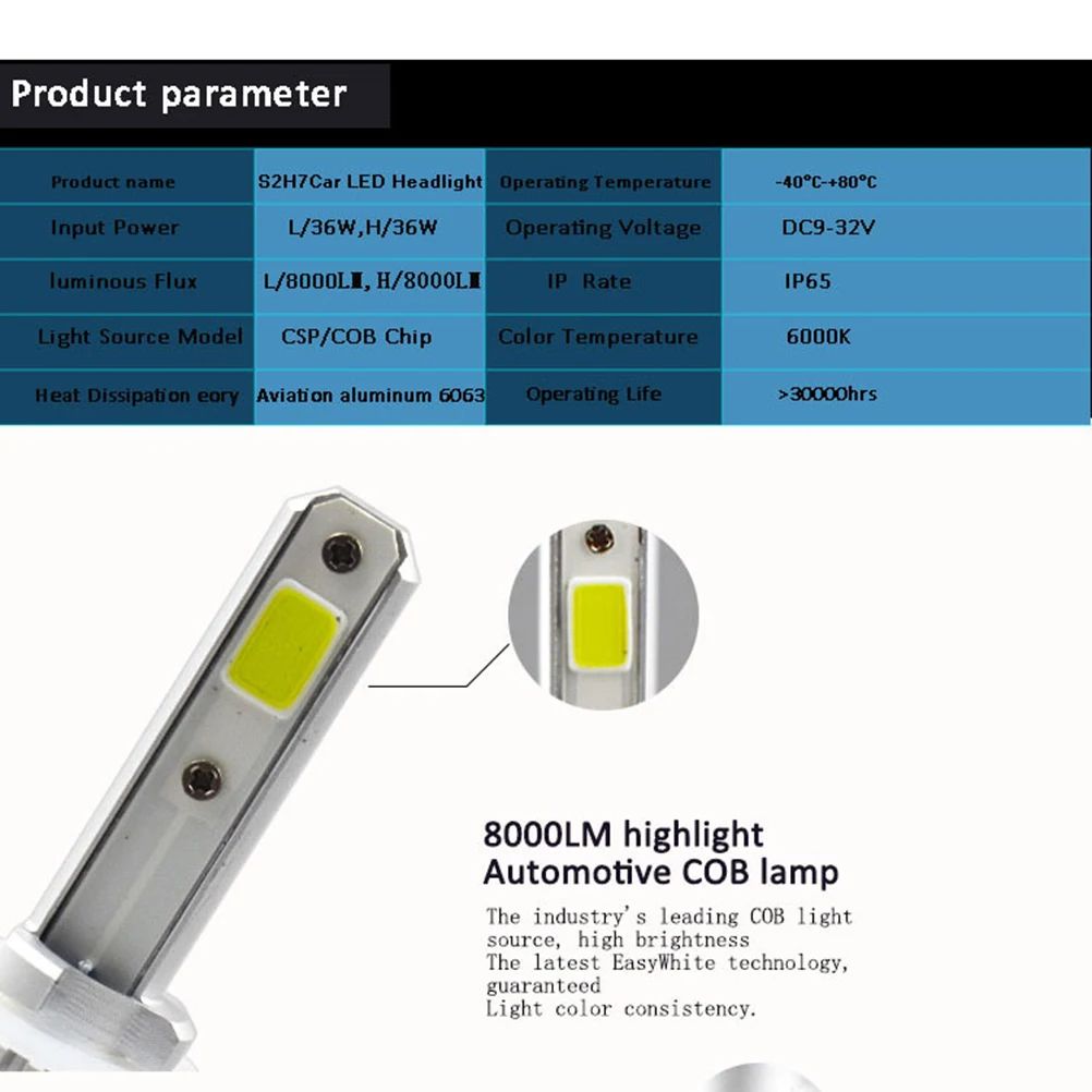2pcs S2 Car LED Headlight Bulb 36W 9-32V 8000LM Waterproof High Beam Low Beam Integrated Headlamp Car Head Light(880/881