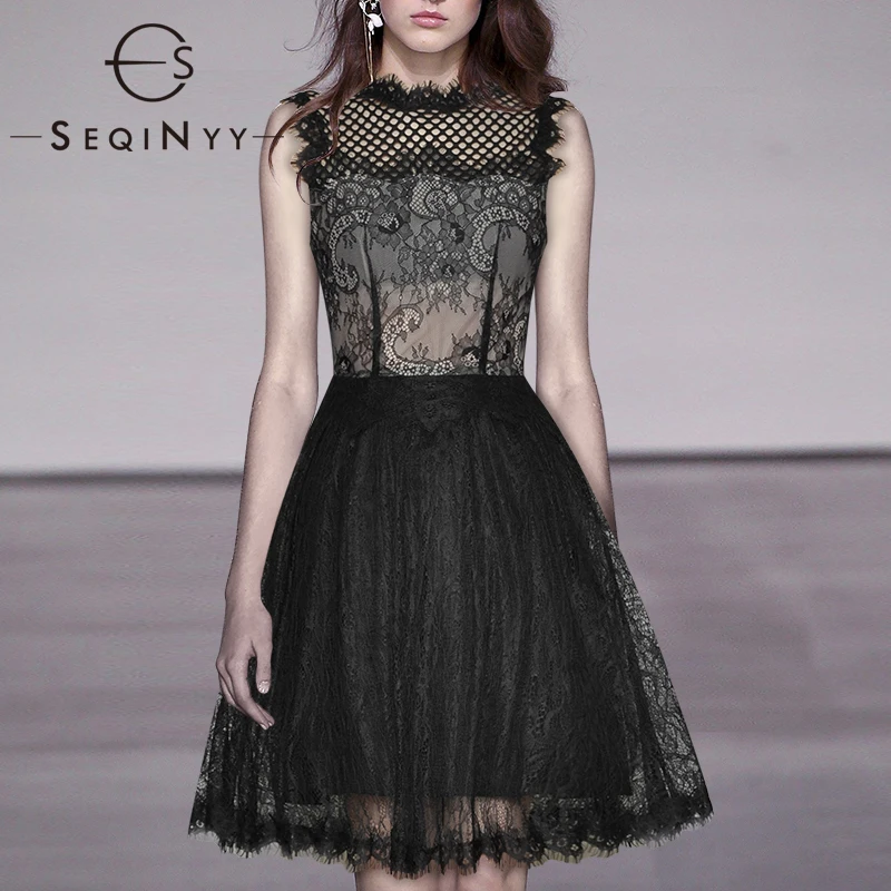 

SEQINYY Vest Mini Dress 2020 Summer Spring New Fashion Design Women Sexy Lace Hollow out Gown Ball Dress