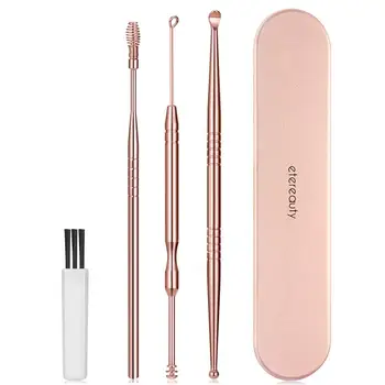 

Ear Wax Removal Kit 3PCS Ear Curette with 1PC Cleaning Brush Earwax Removal Ear Pick Stainless Steel with Storage Box Rose Gold