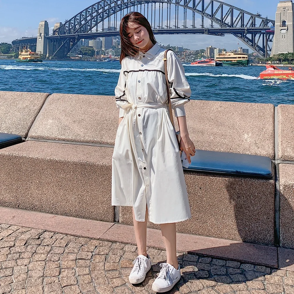 

Photo Shoot 2019 Spring New Style Korean-style WOMEN'S Wear Shirt Dress Retro CHIC-Style Webbing Joint Windbreaker Dress