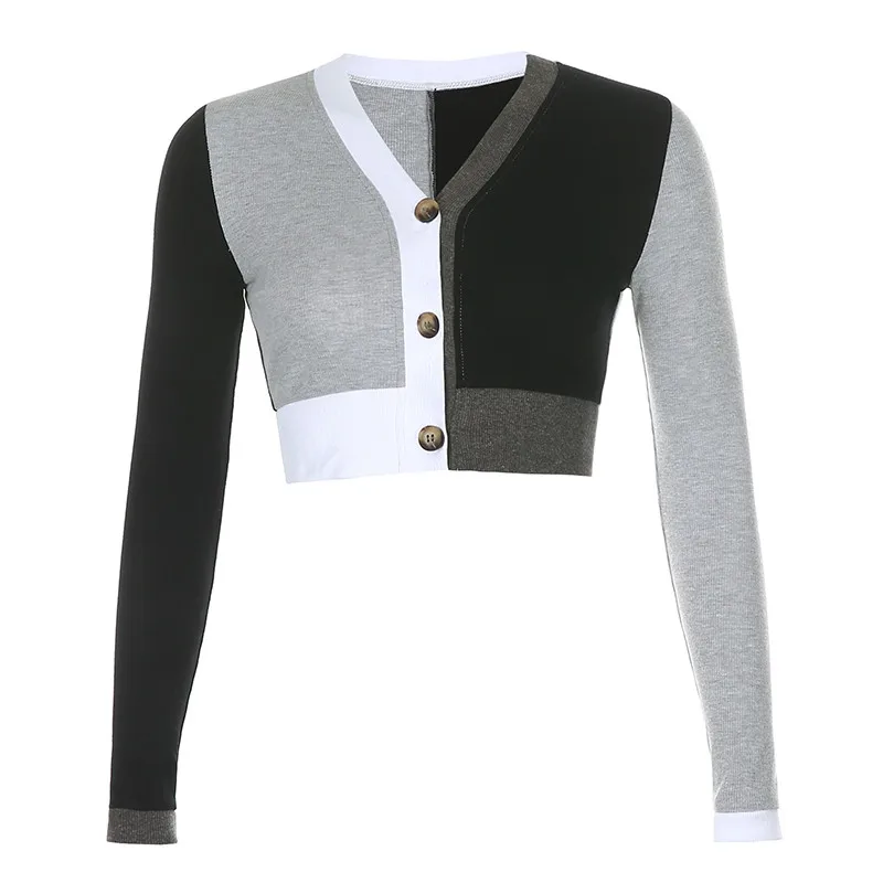

Color Contrast Patchwork Women's Crop Top Autumn Knitted Fashion Streetwear Button Cardigan 90s Vintage Tee Shirt Casual