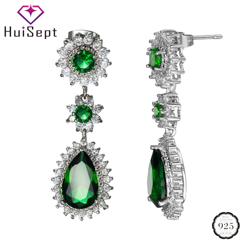 

HuiSept Vintage Silver 925 Women Drop Earrings Jewelry for Wedding Party Ornament Emerald Zircon Gemstone Gift Earring Wholesale