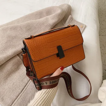 

Women's Bags 2019 New Luxury Bags Tide Wide Shoulder Belt Crocodile Shoulder Small Square Bag Casual Marble Crossbody