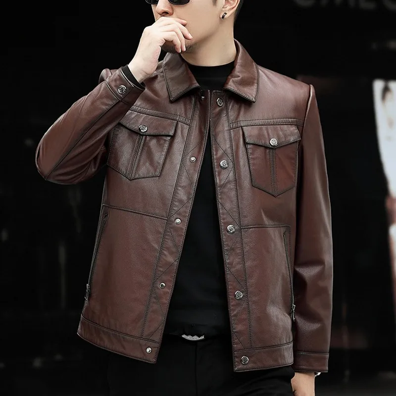 men's winter genuine leather coats & jackets New Genuine Leather Cowhide Jackets Mens Spring Short Slim Turn-Down Collar Biker Outerwear Single Breasted Punk Casual Coat sheepskin coats for sale