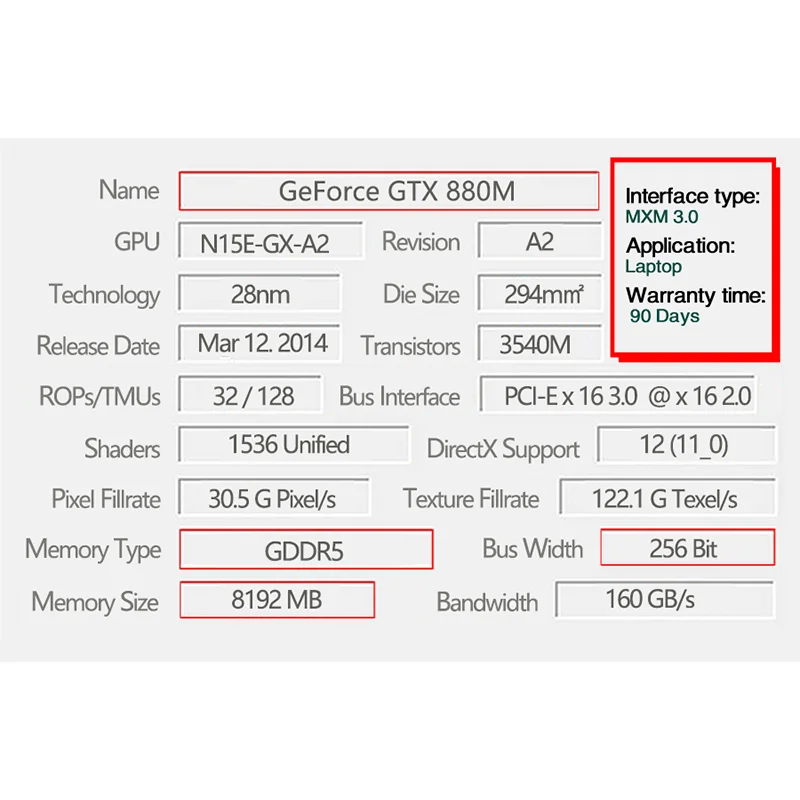 GTX880M GTX 880M GDDR5 8GB N15E-GX-A2 Graphics