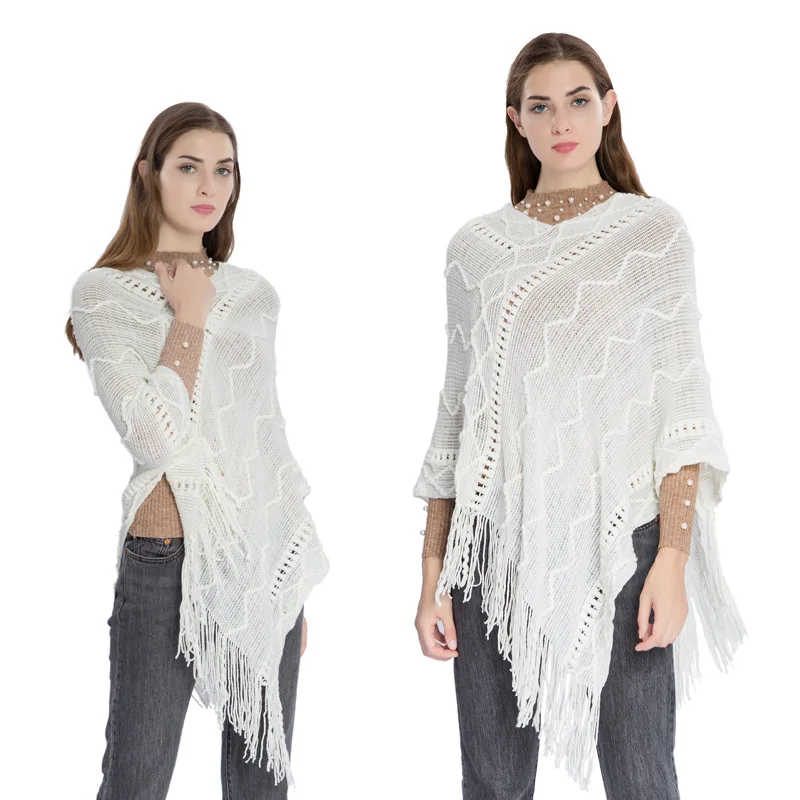 

Fashion Women knitted ponchos and capes High quality Autumn winter Acrylic Tassel Shawls solid Ponchos