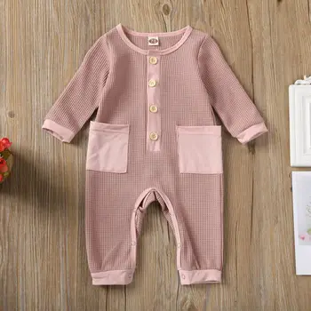 

2020 Baby Romper New Born Baby Clothes Girl Boy Pink Buttons Long Sleeve Rompers Jumpsuit Withe Pocket Cotton Soft Outfit 0-24M