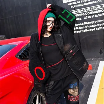 

Hip-hop punk Women Winter Hooded Knit sleeve American style Denim Coat Female Loose Long Sleeve Hoodie Sweatshirt Hooded Feminin