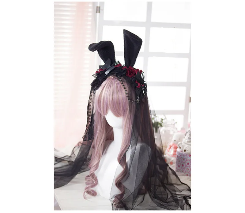 Принцесса Сладкая Лолита Роза волосы заячьи ушки повязка на голову японский Харадзюку головной убор готический кружева пряжа волос