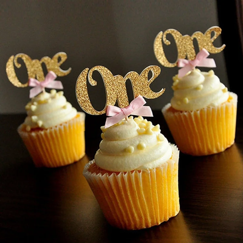 12Pcs Bow Cupcake Toppers 1st Baby Shower Birthday Party Decor LG 