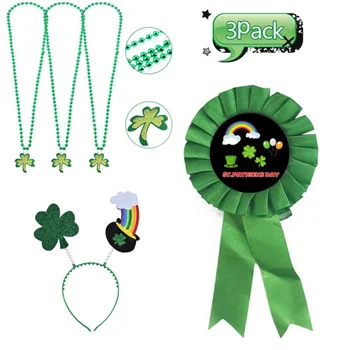 

3pcs St Patricks Day Decoration Irish Party Clovers Necklace Badge Headband Set Irish Festival Party Dress Up Supplies