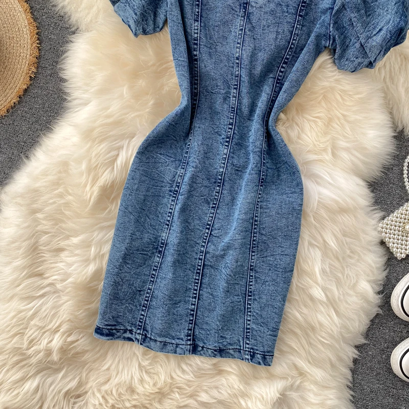 DEAT 2020 New Summer Fashion Tide Square Collar Vintage Solid High Waist Zipper Slim Puff Sleeve Denim Dress Women SB760