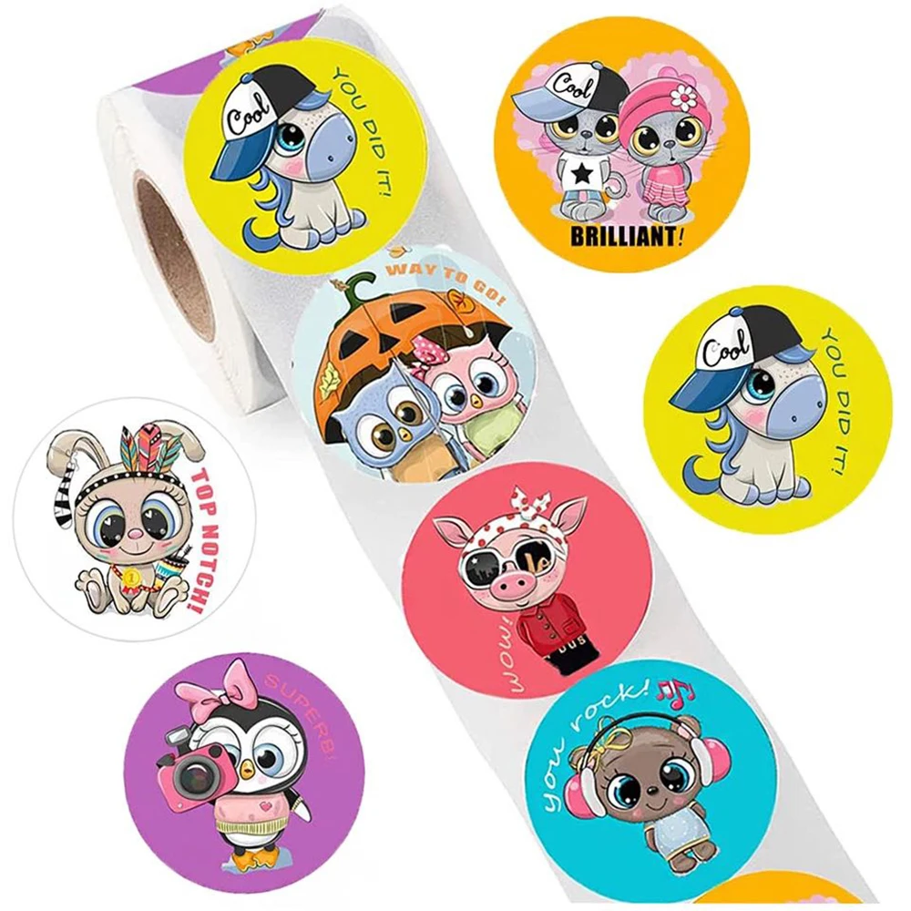 500pcs/roll Cartoon Animals Stickers Cute Words Reward Stickers for Student Q^ 