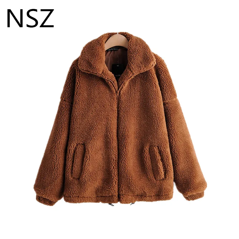 

NSZ Women Winter Warm Soft Teddy Coat Long Sleeve Loose Oversized Plush Jacket Bear Fleece Outerwear