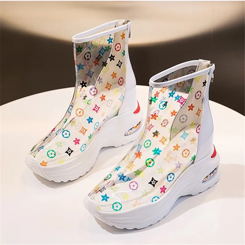 Г. Резиновые белые ботильоны из ПВХ женские непромокаемые ботинки на платформе разноцветные кроссовки новые Сникеры на толстой подошве