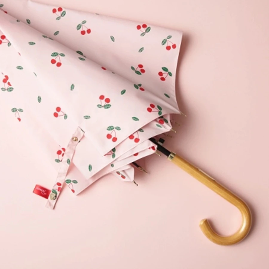 Wooden Handle Cherry Stylish Art Umbrella Rain Women Floding Automatic Windproof Golf Umbrella Kids Girls Rain Umbrellas UBY083