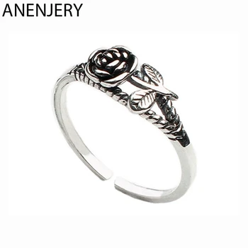 

ANENJERY Simple Vintage Rose Flower 925 Sterling Thai Silver Ring Opening Flower Finger Ring For Women Jewelry S-R490