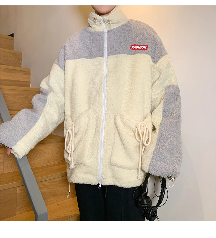 Winter new collection of patchwork printed thick and fleecy hooded padded clothes loose casual personality youth men's wear