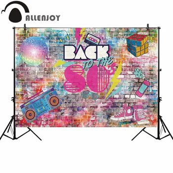 

Allenjoy Back To The 80's Backdrop Brick Wall Pigment Graffiti Radios Shoes Music Photocall Background Party Celebration Banner