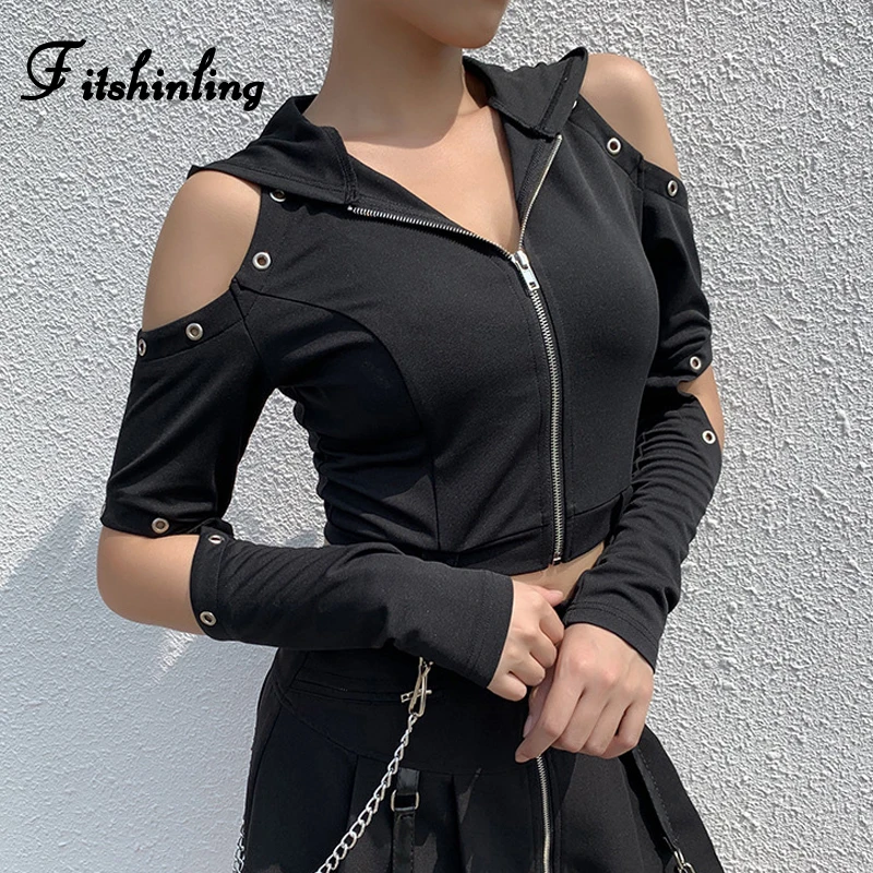

Fitshinling Open Shoulder Gothic T-Shirts For Women Cut Out Punk Chain Crop Top Zip-Up Hooded Female T-Shirt Black Dark Tees New