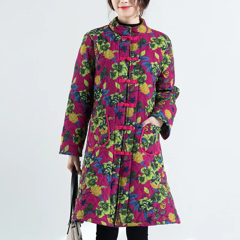 

6161 # Photo Shoot 2019 Autumn And Winter New Style Brushed And Thick Stand Collar Printed Frog Long Sleeve Rhombus Large Size D