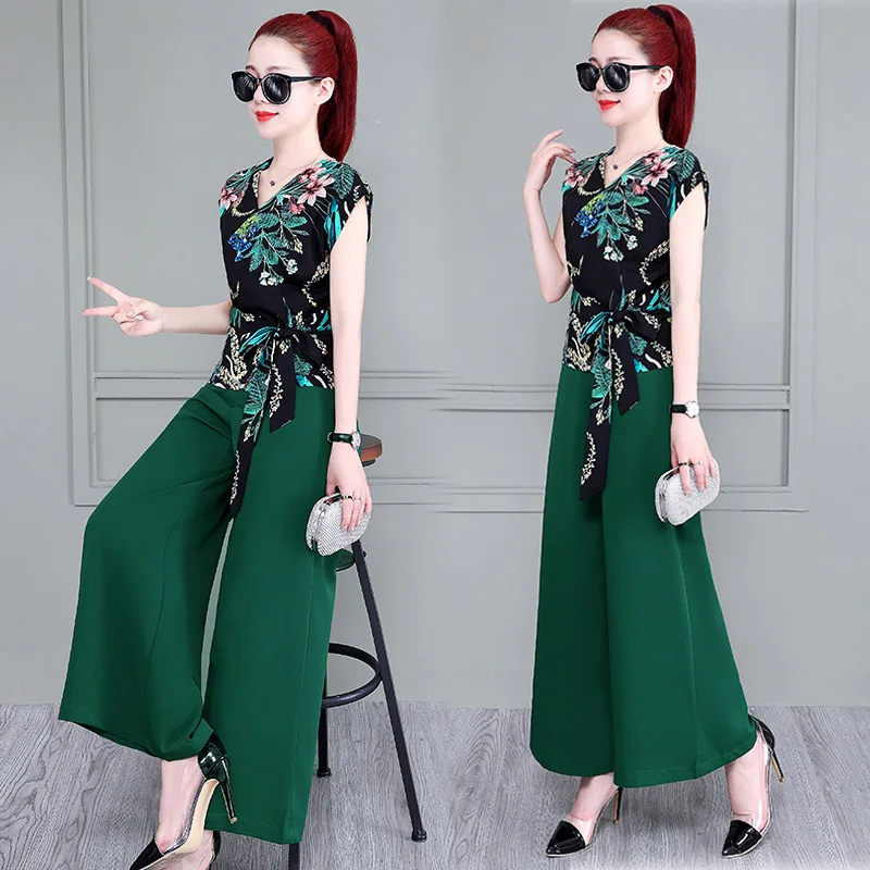 

Printed Loose Pants Set Summer New Style Royal Sister Western Style Fashion Slimming Tops Capri Pants Two-Piece Set