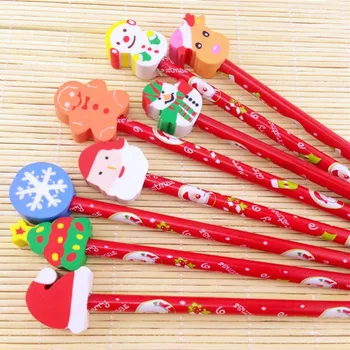 

10 Pcs Christmas Cartoon Wood Pencils With Eraser Children Students Painting Sketch Write Gift Stationery Supplies