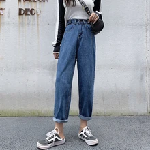Корейские шикарные синие джинсы женские с высокой талией свободные джинсы для мамы женские осенние большие размеры карманы женские джинсы femme