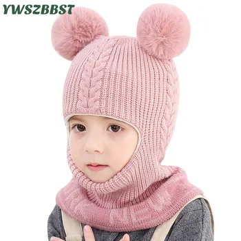 

New Autumn Winter Knitted Baby Hats with pompom balls Windproof Plus Velvet Boys Girls Hooded Hat Scarf Kids Hat Baby Cap