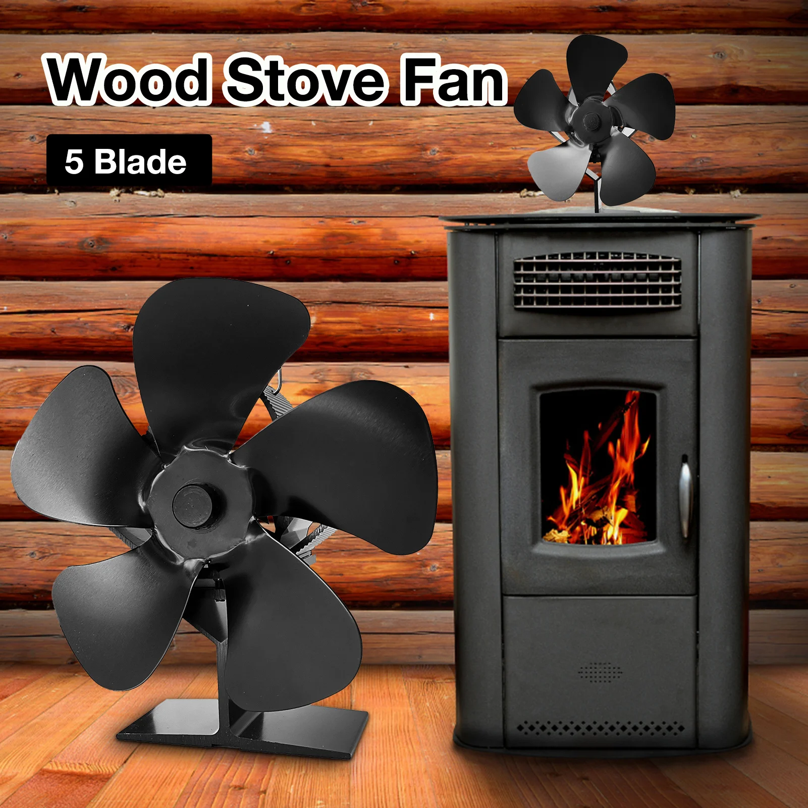 Black Fireplace 5 Blades Heat Powered Stove Fan Log Wood Burner Eco-fan  Quiet Home Fireplace Fan Efficient Heat Distribution