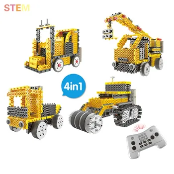 

Rc Car Electric Building Blocks Bricks Remote Control 4In1 Crane&Roller&Forklift&Dump Truck DIY Kit Educational Technic Stem Toy
