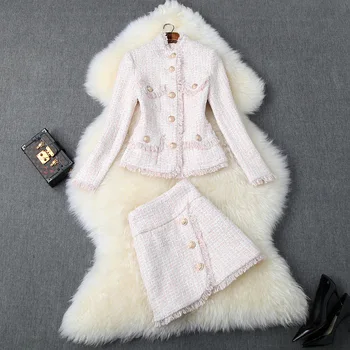 

European and American women's clothing autumn 2019 new style Long-sleeved jacket Delicate buttons on skirts Tweed suit