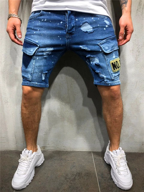 Pantalones Vaqueros Cortos Elásticos Y Rectos Para Hombre, Pantalones Cortos  Informales De Alta Calidad, Ajustados, Con Insignia Elástica Y Bolsillos,  Con Agujeros, Novedad De Verano - Vaqueros - AliExpress