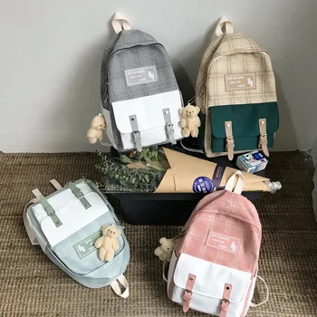

Kawaii Backpack Student Cute Backpack Linen Women Fashion School Bag Harajuku Girl Canvas Lattice Ladies Travel Bag Doll Pendant