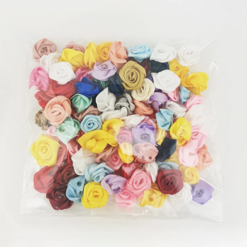 (100pcs/pack) 15mm Mix Color Small Rose Flower Mini Handmade DIY Satin Ribbon Rose Head Wedding Scrapbooking Decoration Flower