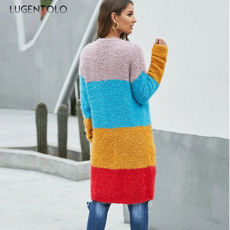 Lugentolo Womens Sweaters Winter New Fashion Pocket Sweater Long Long Sleeve Multicolor Stitching Knit Cardigan