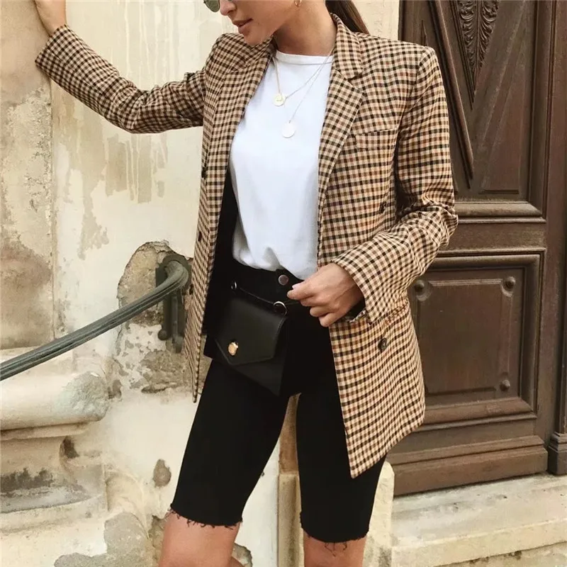 white short suit set TRAF Blue Pink Blazer Women Double Breasted Long Sleeve Jacket Woman Winter 2021 Fitted Coat Tweed Elegant Female Blazer womens suit set