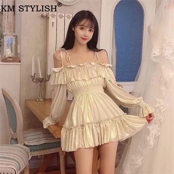

KM STYLISH Women Sexy Playsuits Short Rompers Alice Champagne Gold Luxury Salash Puff Sleeve Ruffled High Waist Jumpsuit Female