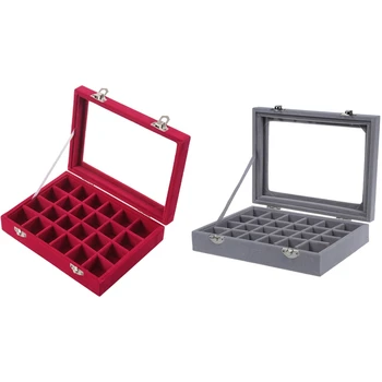 

2Pcs 24 Grid Display Box Jewelry Storage Glass Bracelet Watch Pillow Buckle - Rose Red & Grey