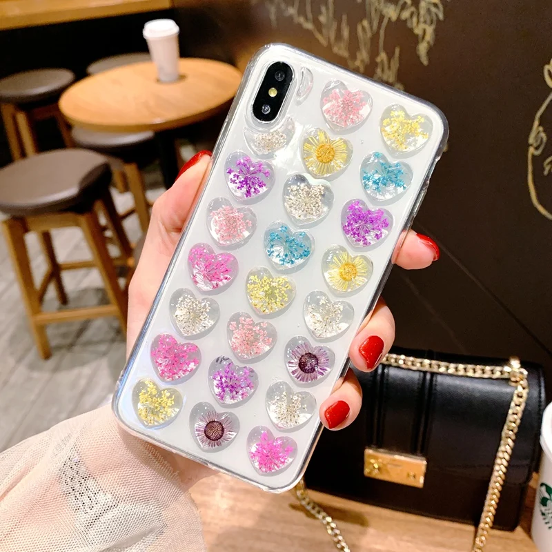 Cute 3D Love Heart Dried Flower Phone Case for iphone 11 Pro Max 6 6S 7 8 Plus X XS XR Real Soft TPU Back Cover |