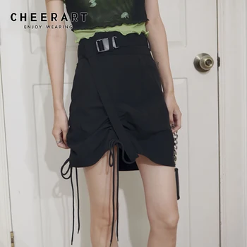 

CHEERART Black Summer Wrap Drawstring Skirt Women 2020 High Waist A Line Mini Skirt Miniskirt Korean Fashion Clothing