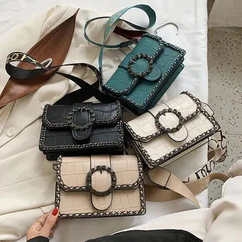 

New 2020 Trend Women's Crocodile Pattern Weave Chain Shoulder Bags With Wide Strap Crossbody Cell Phone Travel Bag Designer
