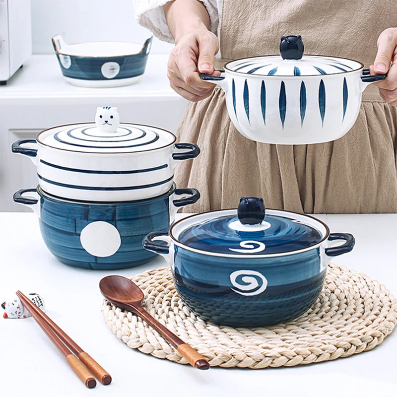 Creative Ceramic Noodle Bowl With Cover Hand Painted Soup Bowl Instant