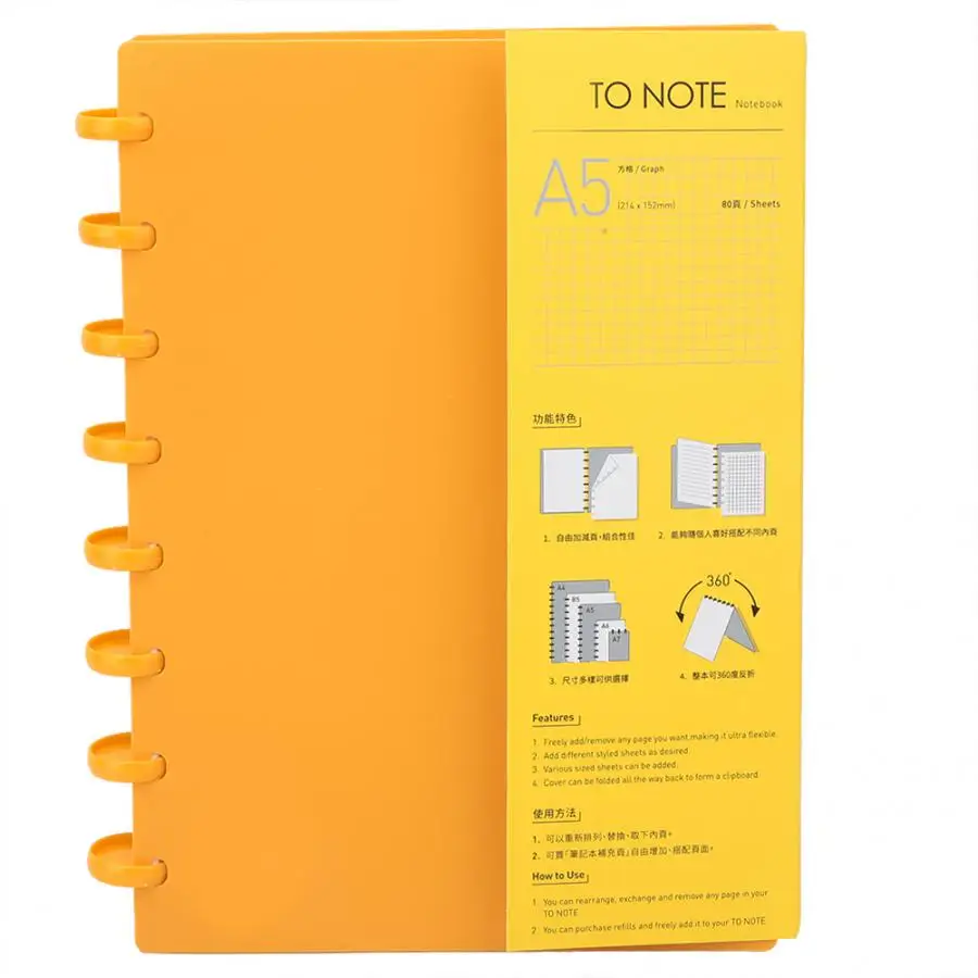 Portable A5 Mushroom Hole Binder Refillable Writing Paper Notebook Office School Supplies 360 degree folded notebook - Color: Orange Point