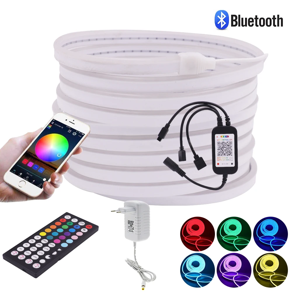 

RGB неоновый светильник Bluetooth музыкальный пульт дистанционного управления светодиодная полоса 12 В 3535 108 светодиодов/м водонепроницаемый уличный светильник 5x11 мм Гибкая неоновая трубка