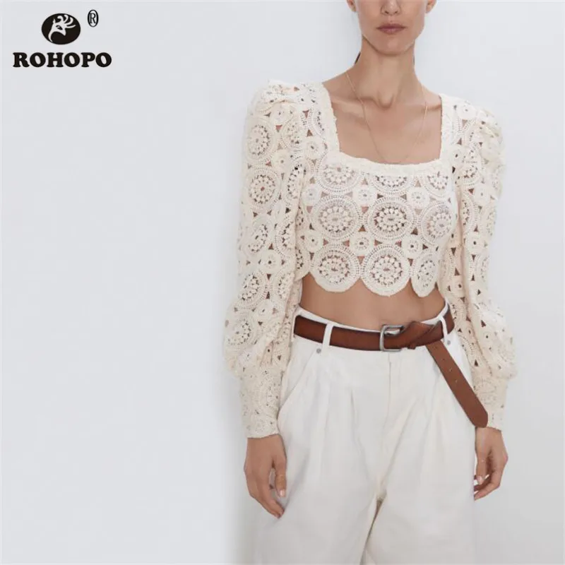 

ROHOPO Puff Long Sleeve Lace Beige Crop Blouse Embroidery Floral Square Collar Solid Autumn Top Shirt #9534