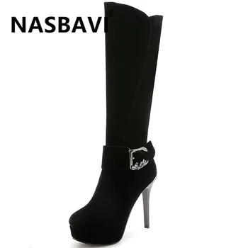 

NASBAVI new fashion style contracted Tide Girl Boots British Style zipper Thick bottom Rhinestone belt buckle winter long boot